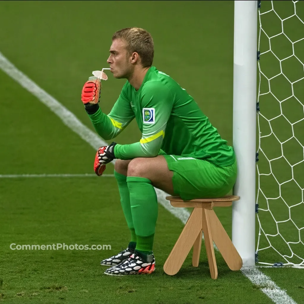 Goalkeeper relaxing in a stool next to goal post drinking juice