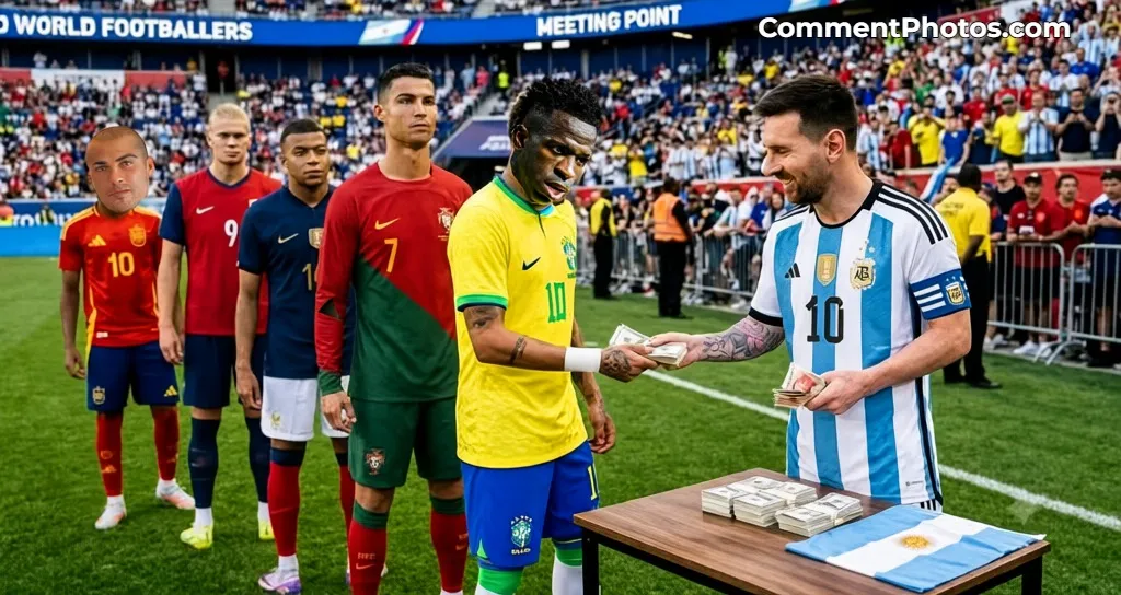 Messi Handing over stacks of money to Ronaldo Neymar Mbappe Haland - Footballing Corruption Meme