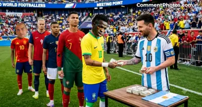 Messi Handing over stacks of money to Ronaldo Neymar Mbappe Haland - Footballing Corruption Meme